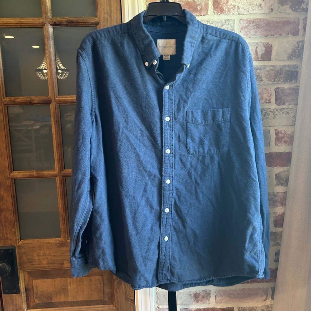 American Eagle Button Up Mens Blue Long Sleeve Cotton Flannel Shirt XL